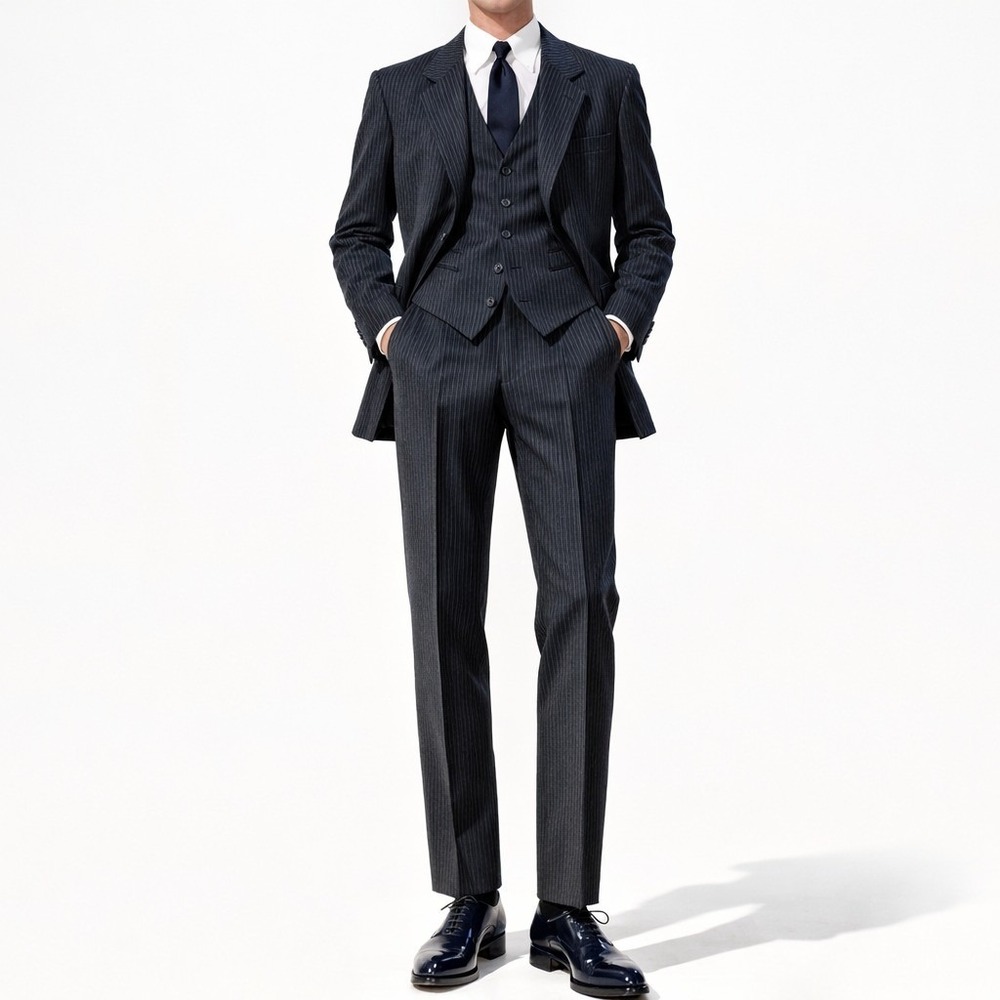 80s Vintage Mens Pinstripe 3 Piece Suit 50R 46x30 Navy Blue Vest Pants Jacket